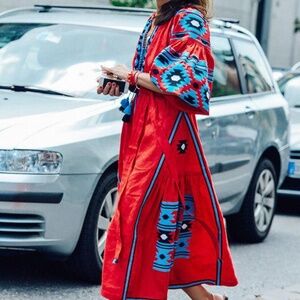 New Red Linen Embroidered Dress size XS/S